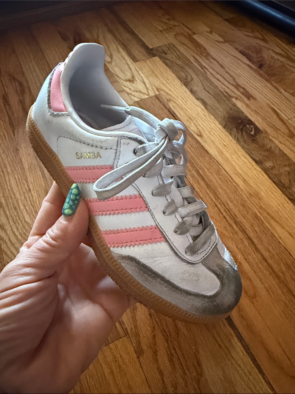 adidas Kids Samba Sneaker in White with Pink Stripes and Gum Sole - Picture 1 of 9